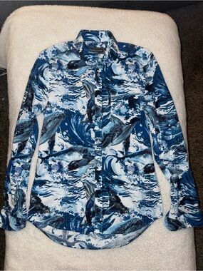 Paisley & Gray Whale Print Button Down Shirt Slim Fit Small Blue Coastal